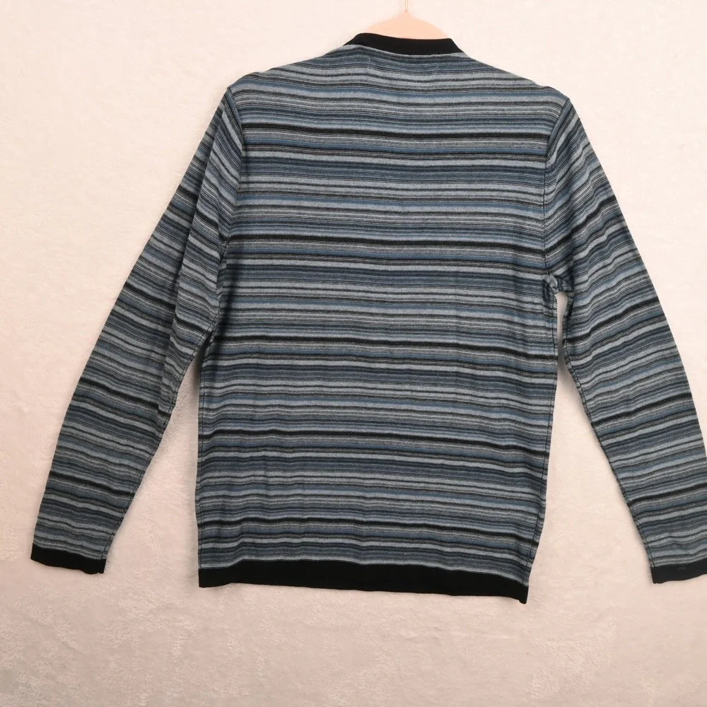 Perry Ellis Sweater Mens Small Blue Striped V-Neck Cotton Rayon Long Sleeve